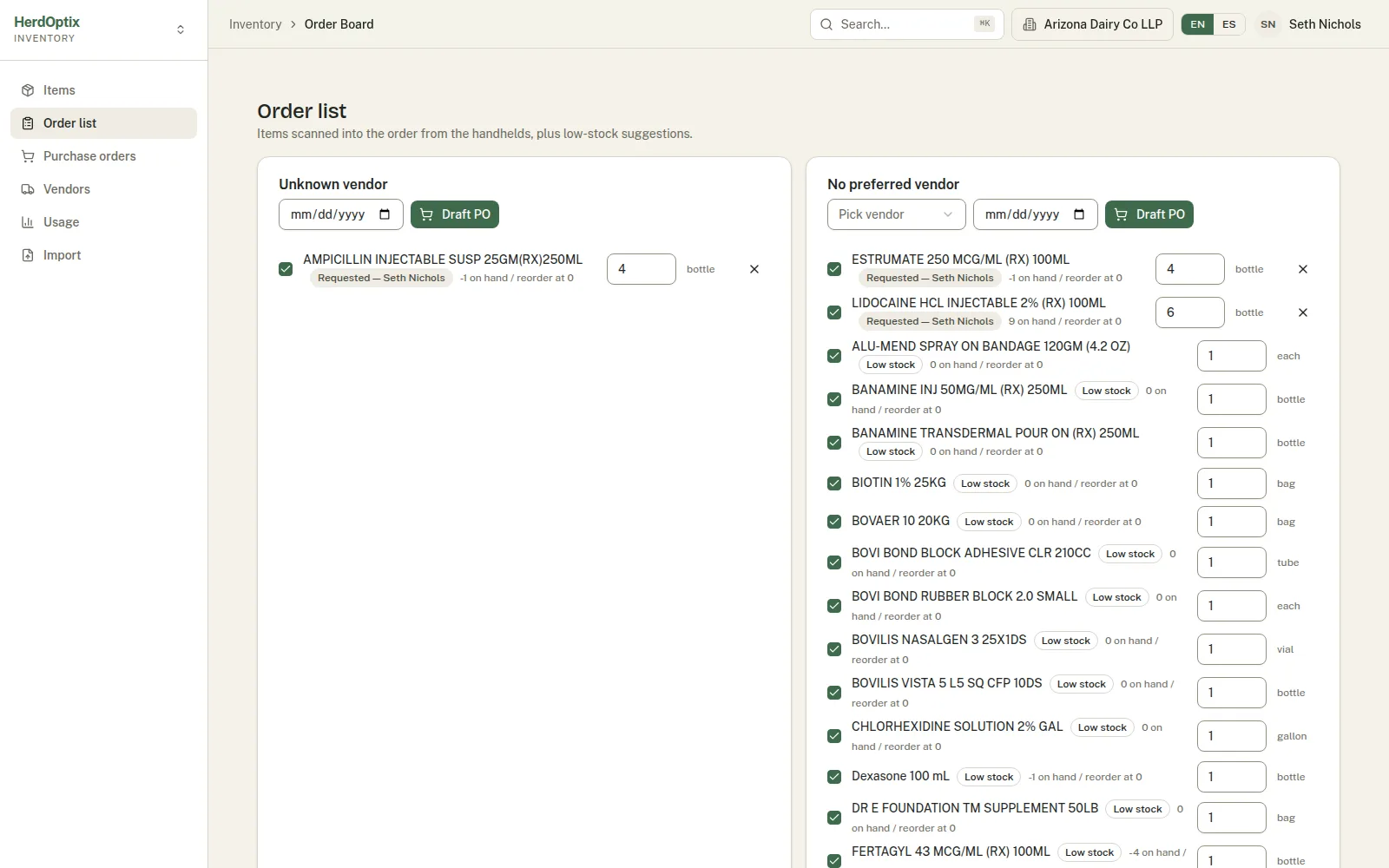 Order board merging scanned requests and low-stock suggestions into vendor POs