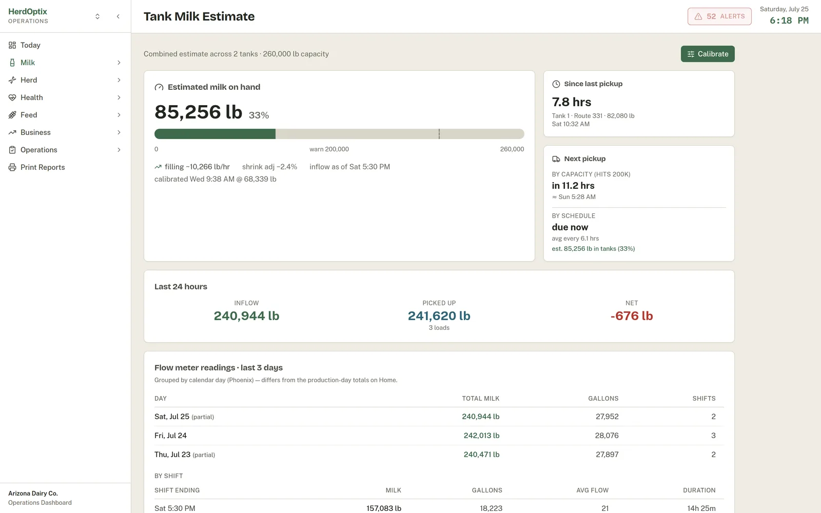 Live bulk tank estimate with pickup projection